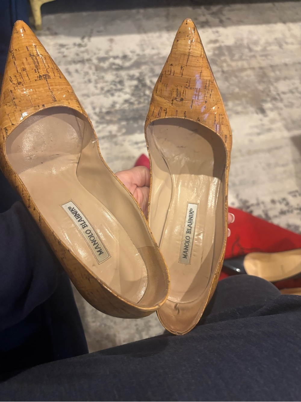 Manolo Blahnik Tan Cork-Effect Pointed Toe Pumps
